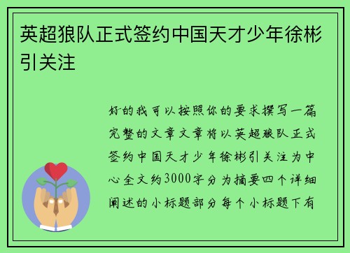 英超狼队正式签约中国天才少年徐彬引关注