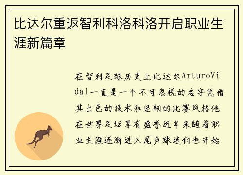 比达尔重返智利科洛科洛开启职业生涯新篇章